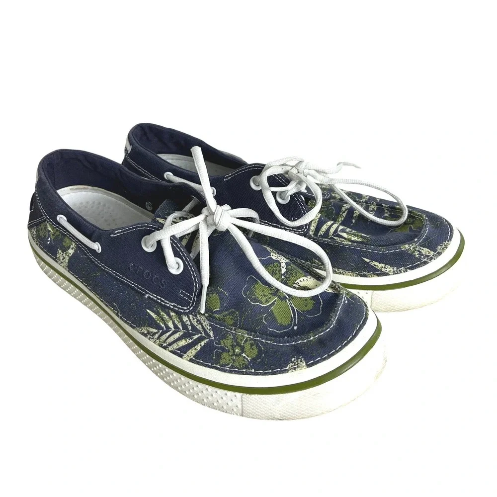 Crocs Boat Shoes Mens 12 Navy Blue Tropical Floral Canvas Hover Lace Up nautical